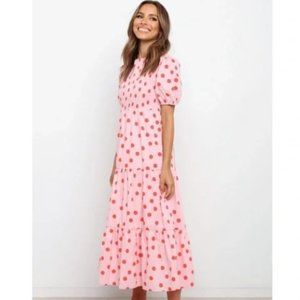 Petal + Pup Gasal Tiered Smocked Midi Dress Barbie Pink with Red Polka Dots- NWT